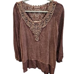 Soft Surroundings Brown Bleached Asymmetrical Hem Crochet Tunic Top Womens